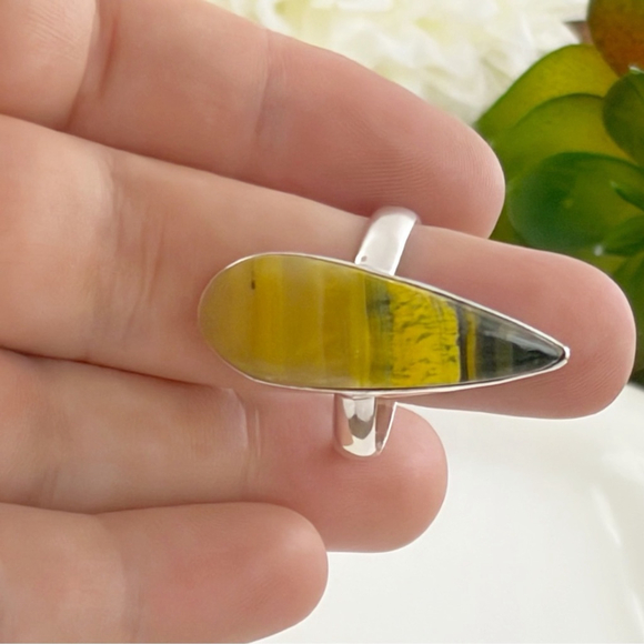 Solid Sterling Silver 925 Bumblebee Jasper Long Ring Size 10 Southwest Handmade - Picture 3 of 8